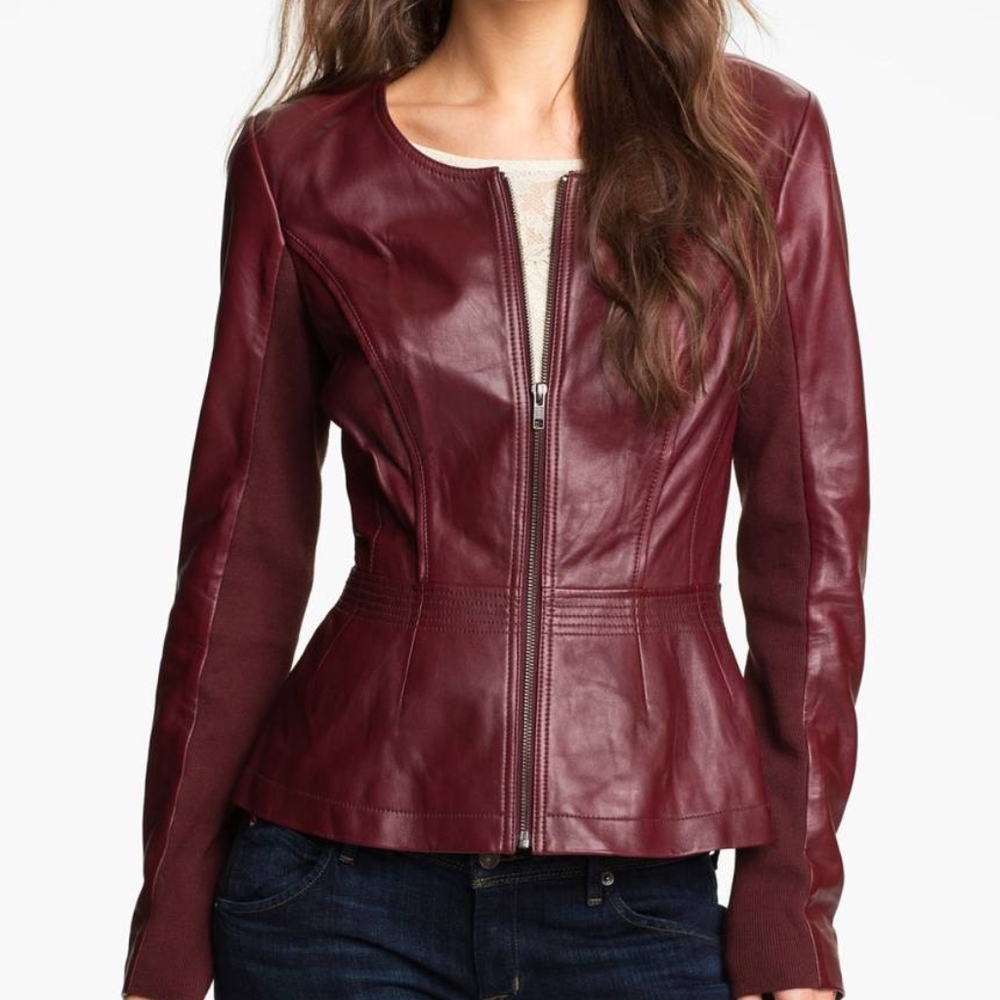 Hinge Brand Nordstrom Maroon Peplum Leather Jacket